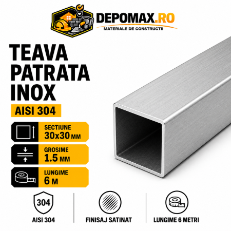 Teava patrata inox satinata AISI 304, 30 x 30 x 1.5 mm, 6 metri